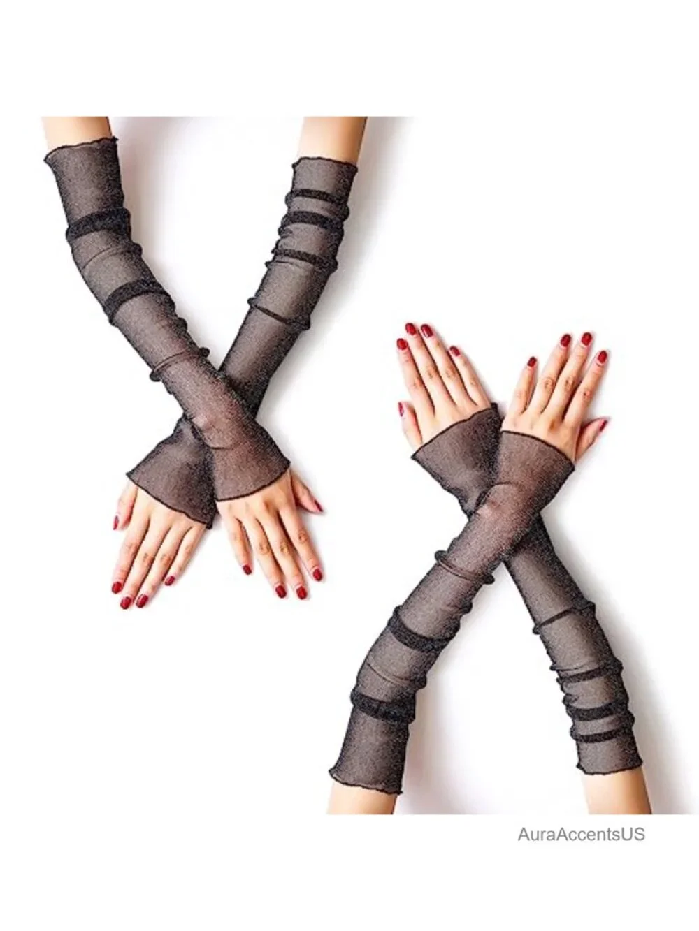 Women's Long Lace Mesh Tulle Arm Sleeves - Cooling Sun Protection Gloves